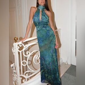 Monet Dress Irises Yellow The Label Green and Blue Open Back Halter Maxi Gown